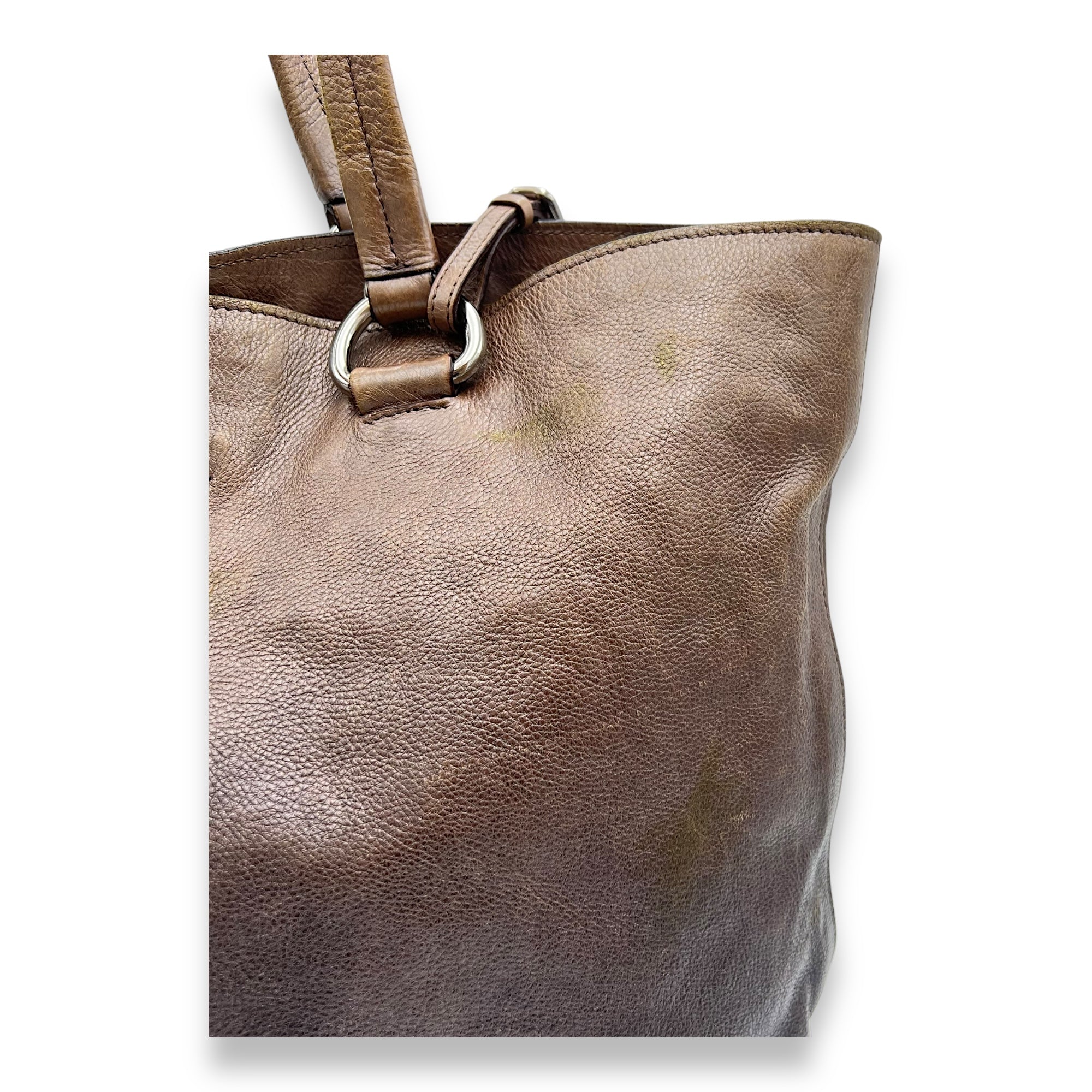 Prada Logo Top Handle Bag Brown in Calfskin, Silver hardware_8