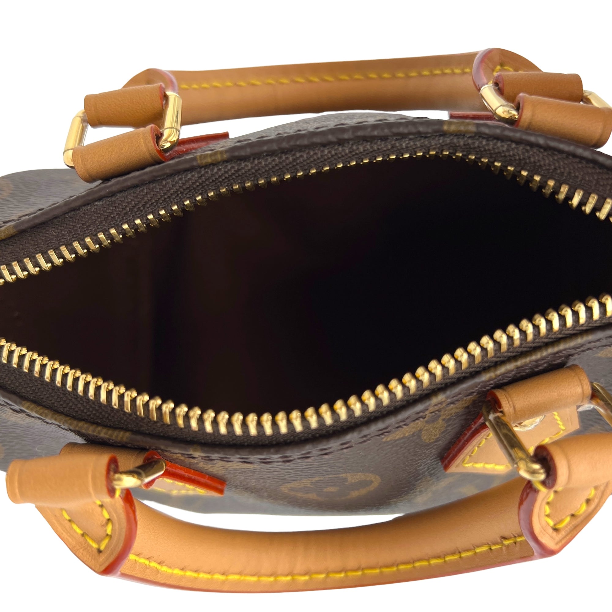 Speedy Nano Brown Top Handle Bag in Monogram Coated Canvas, Gold hardware