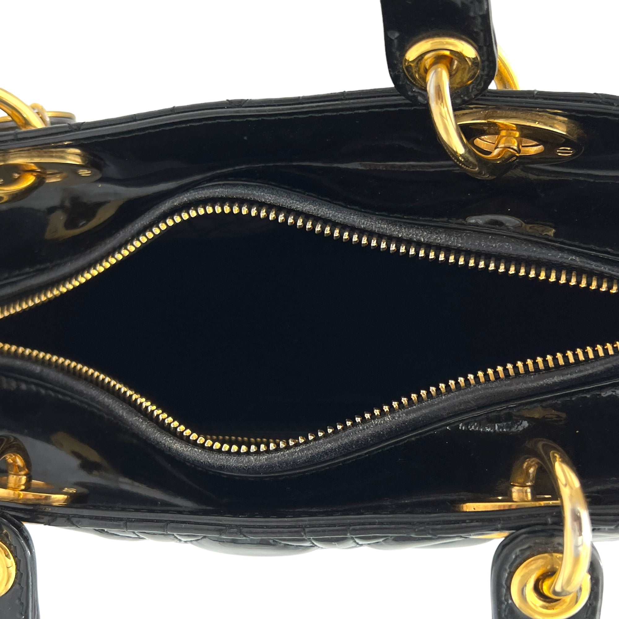 Lady Dior Medium Black Top Handle Bag in Patent Leather, Gold hardware