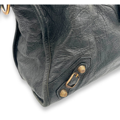 City Medium Dark Grey Shoulder Bag in Distressed Leather, Gold hardware