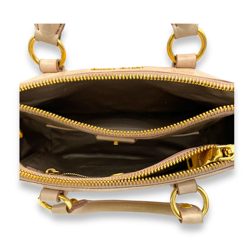 Vitello Shine Top Handle Bag Beige in Distressed Leather, Gold hardware