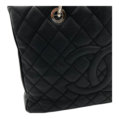 GST Black Tote Bag in Caviar Leather, Silver hardware