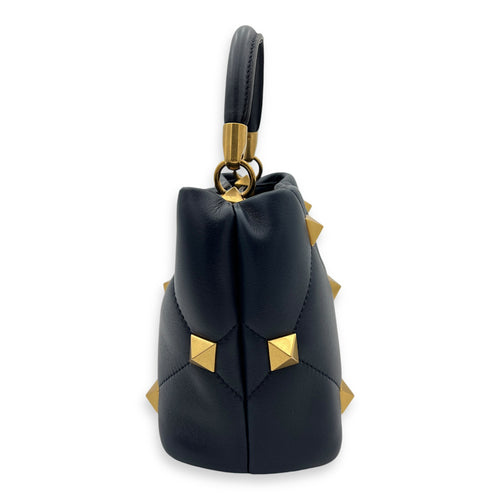 Roman Stud Top Handle Bag Small Navy in Calfskin, Gold hardware