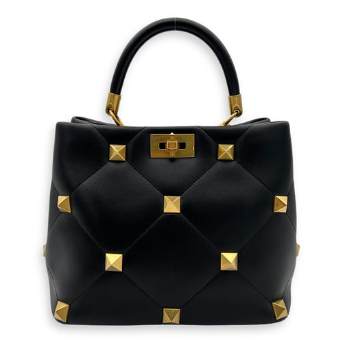 Roman Stud Top Handle Bag Medium Black in Calfskin, Gold hardware