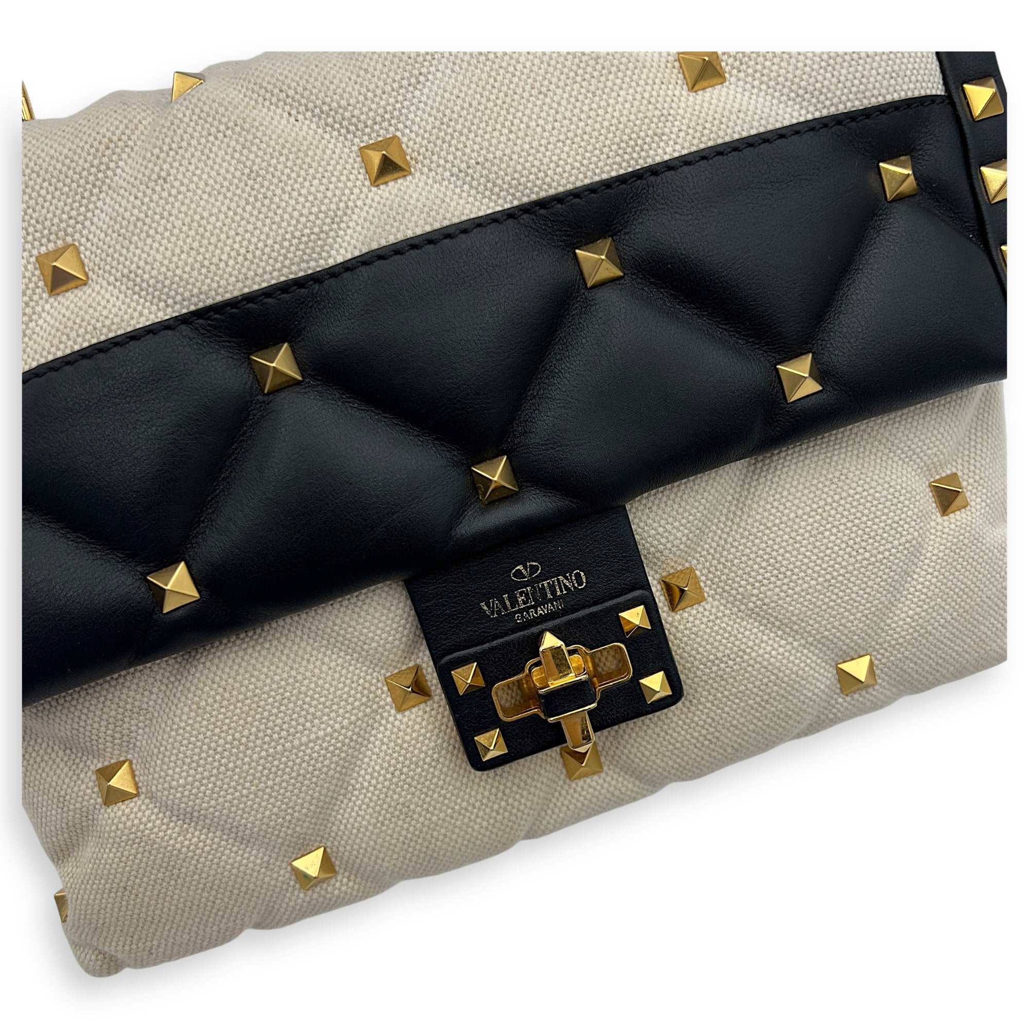 Rockstud White Top Handle Bag in Canvas, Gold hardware