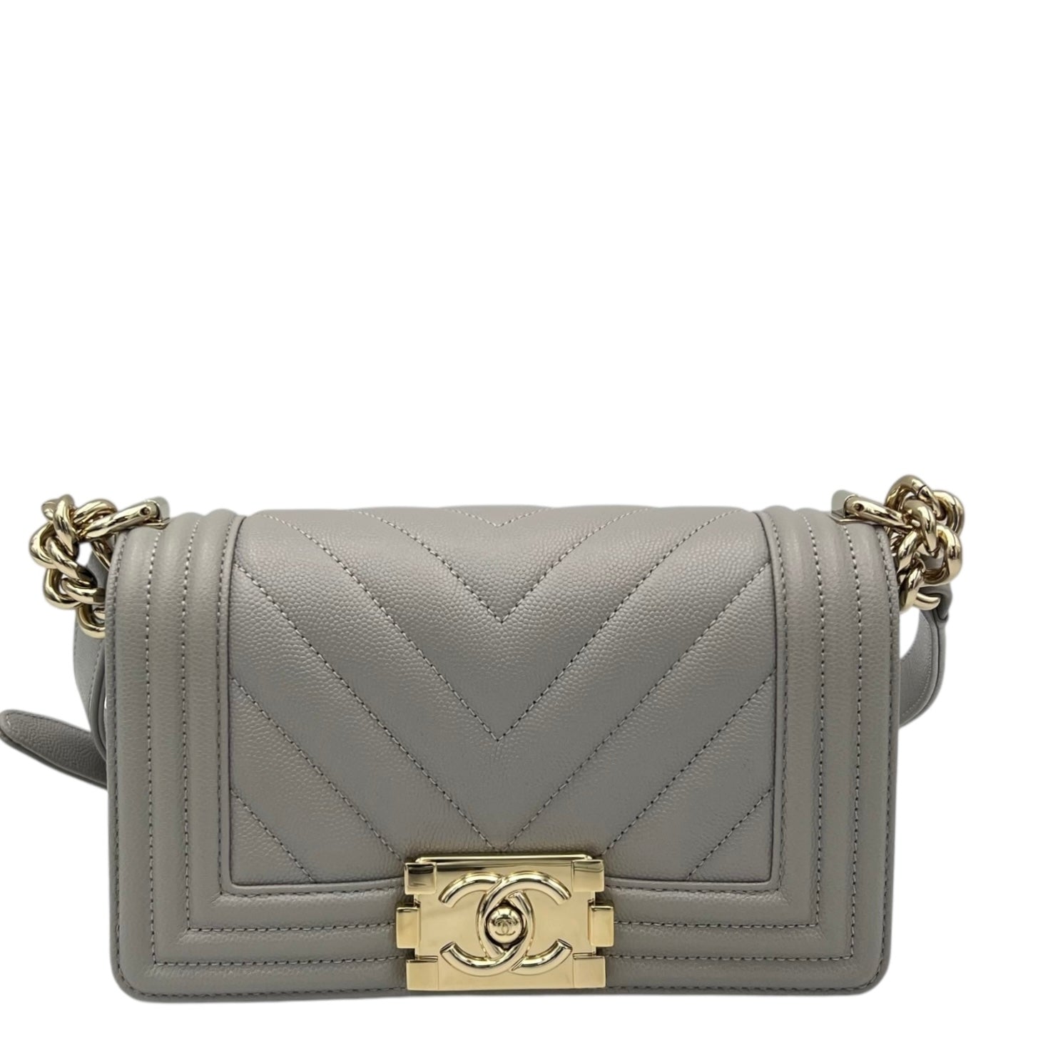 Chanel Chevron Quilted Boy Small Grey Shoulder Bag in Caviar Leather, Gold hardware_1