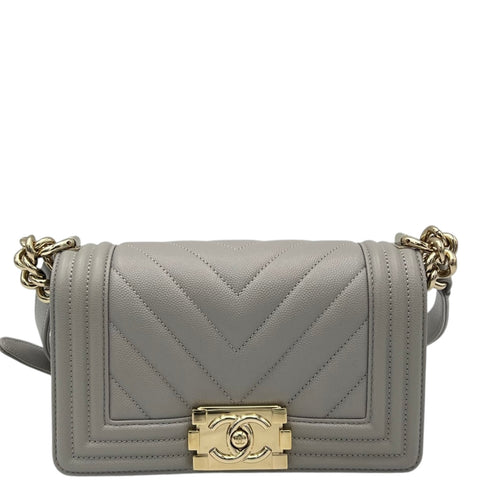 Chanel Chevron Quilted Boy Small Grey Shoulder Bag in Caviar Leather, Gold hardware_1