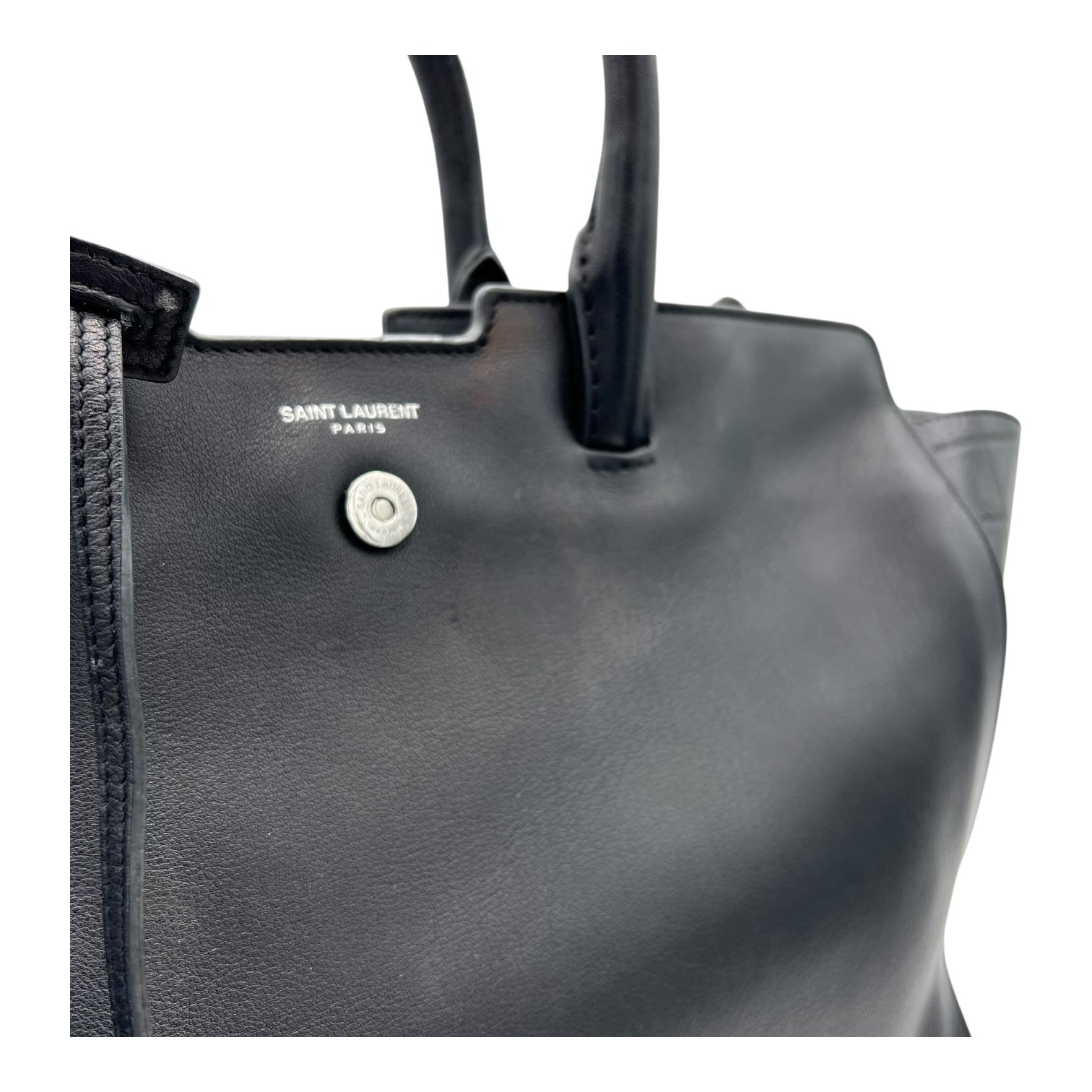 Saint Laurent Cabas Top Handle Bag Black in Calfskin, Lacquered Metal hardware_7