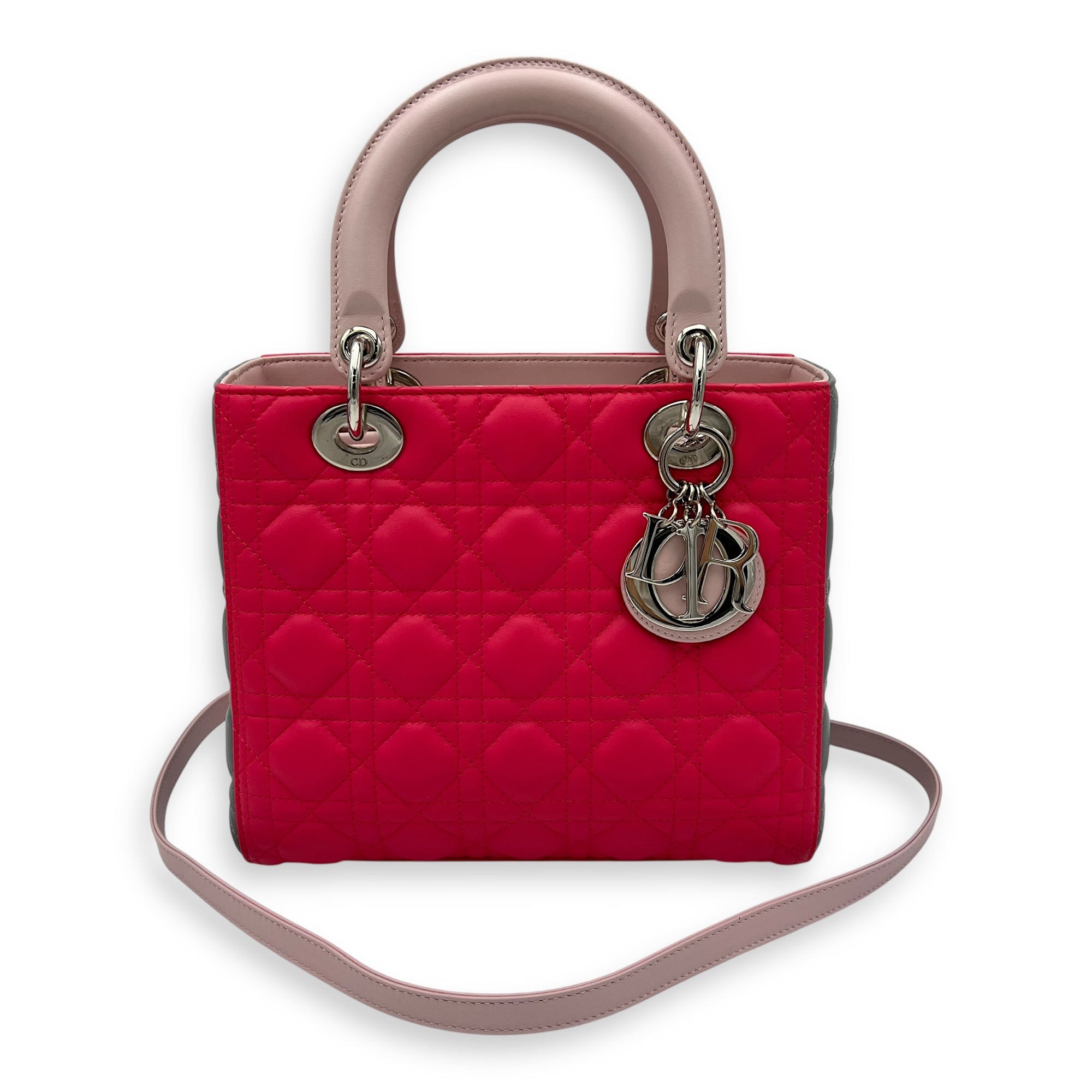 Christian Dior Lady Dior Top Handle Bag Medium Pink in Lambskin, Silver hardware_11