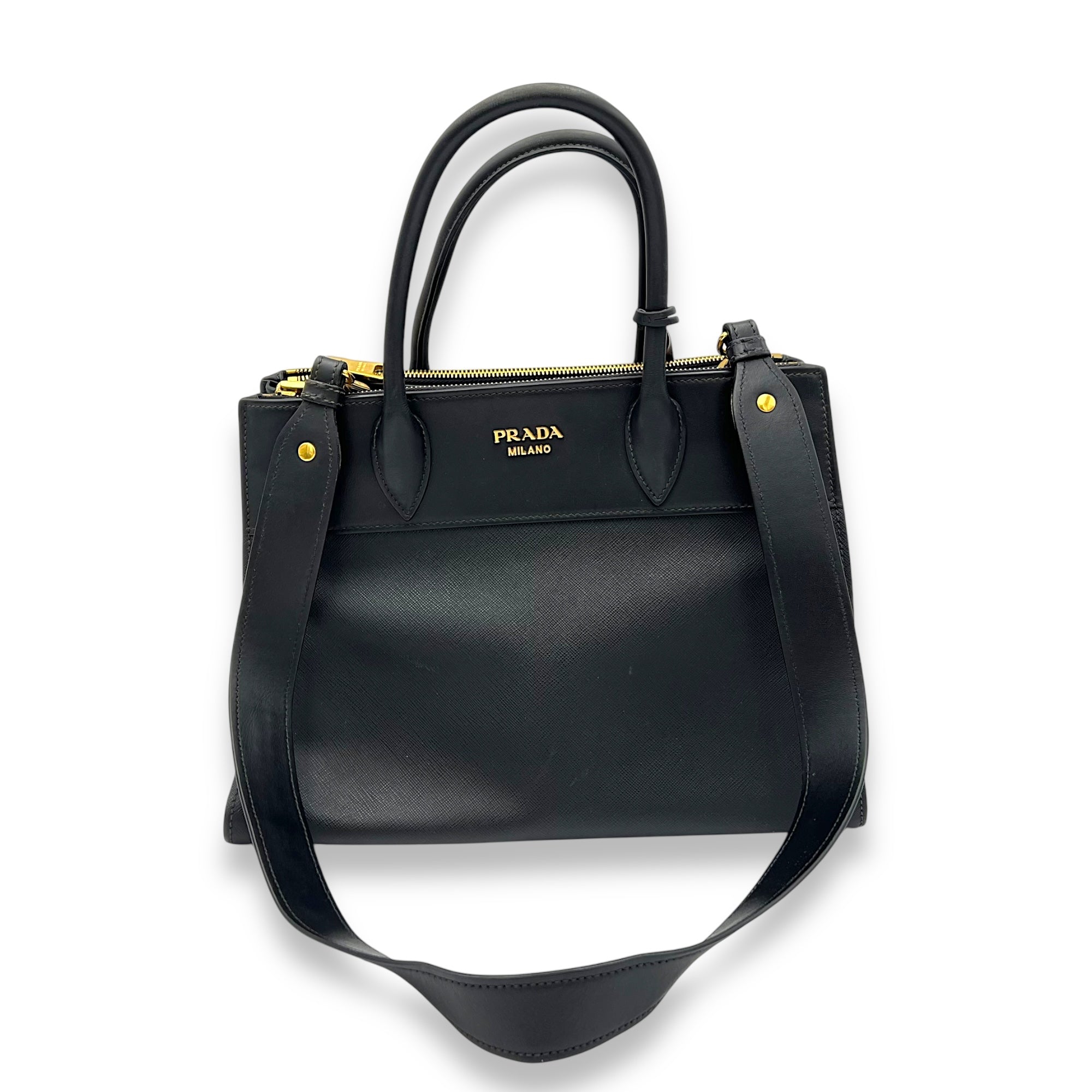 Prada Logo Top Handle Bag Black in Saffiano Leather, Gold hardware_9