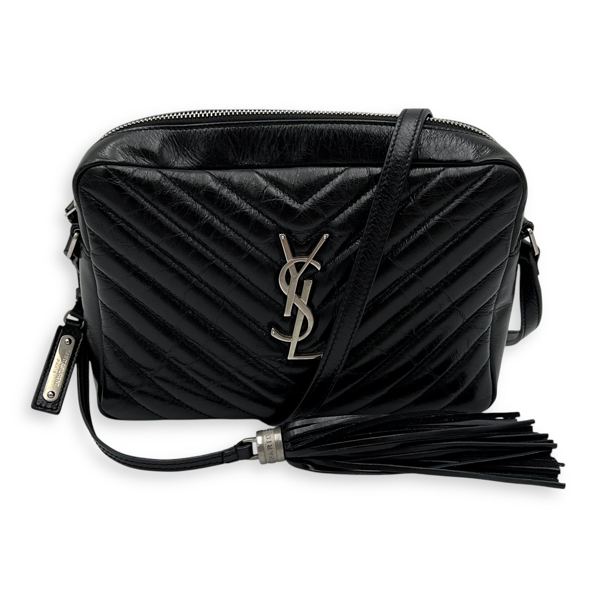 Saint Laurent Lou Camera Black Crossbody Bag in Calfskin, Silver hardware_9