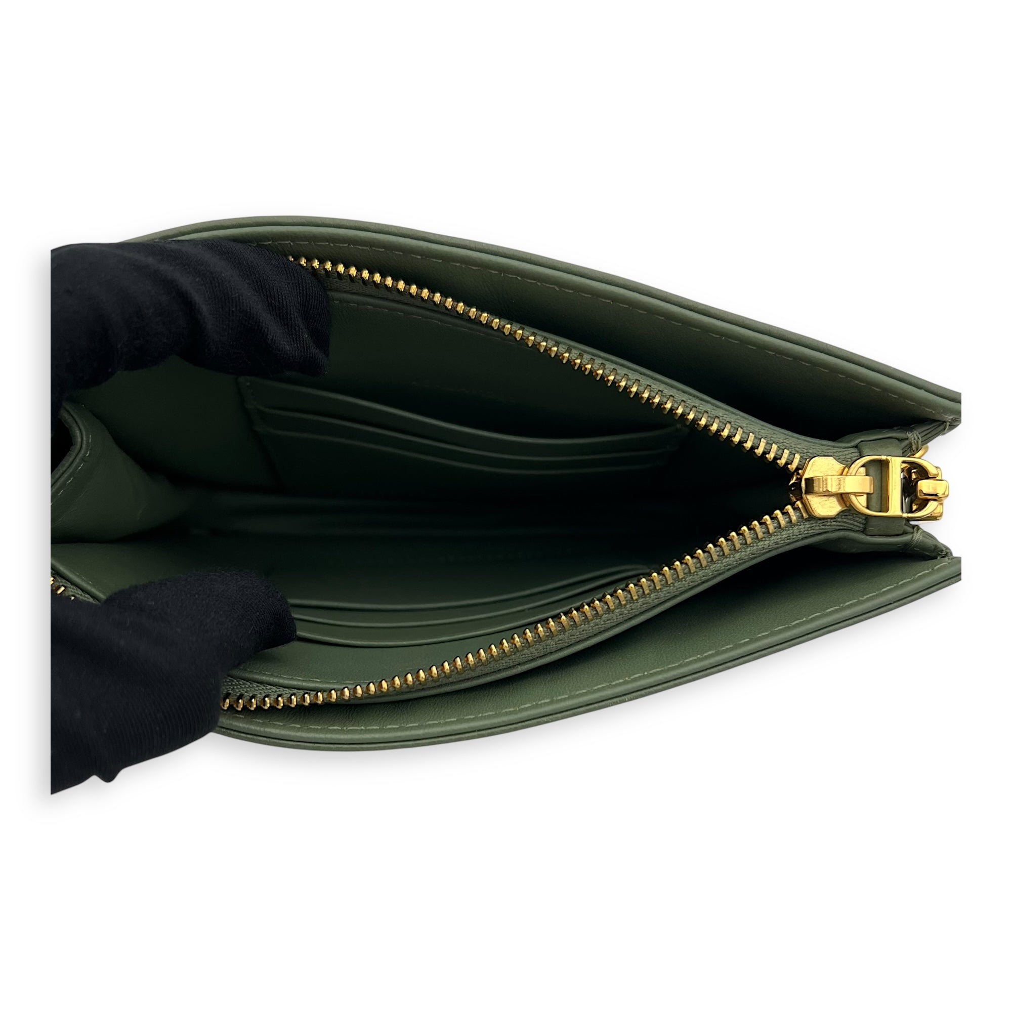 Christian Dior Caro Pouch with chain Green in Calfskin, Gold hardware_6