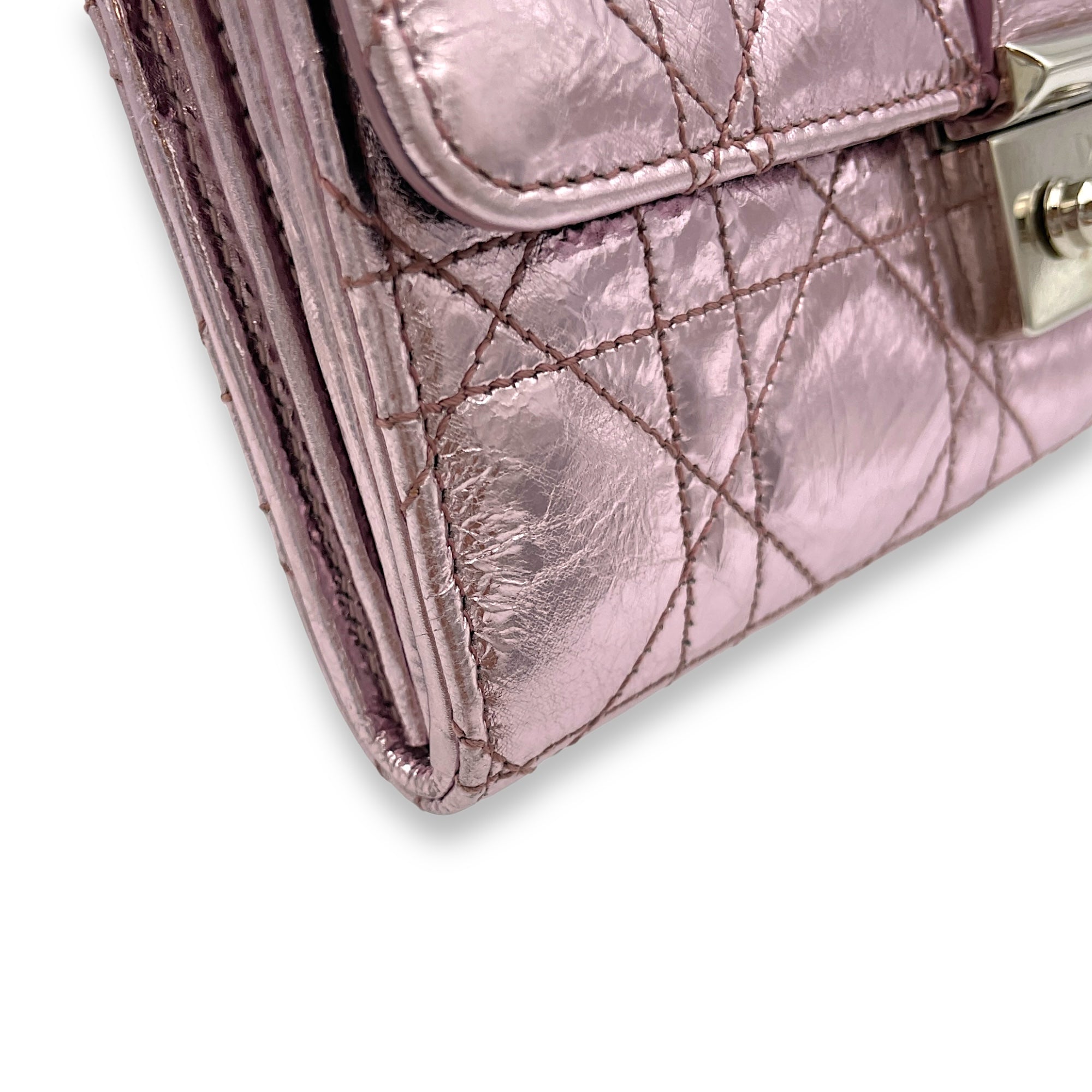 Miss Dior Metallic Pink Wallet On Chain in Calfskin, Silver hardware