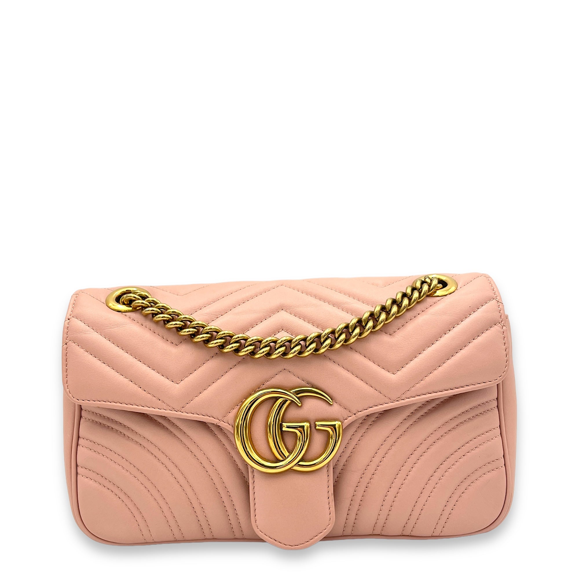 GG Marmont Shoulder Bag Small Pink in Calfskin, Gold hardware