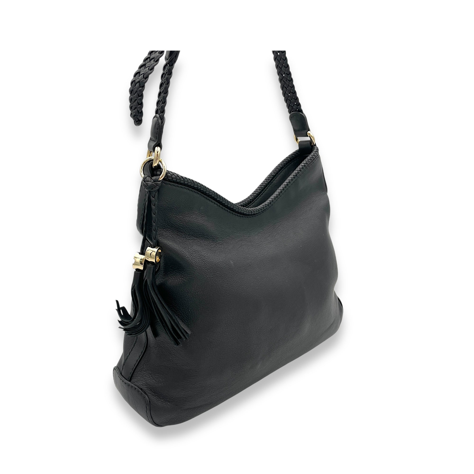 Hobo Top Handle Bag Black in Calfskin, Light Gold hardware