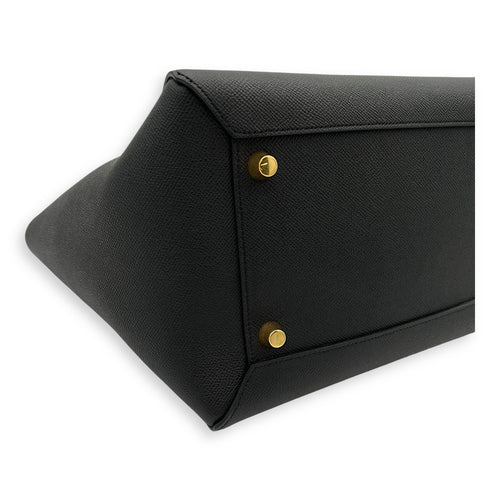 Belt Mini Black Top Handle Bag in Calfskin, Gold hardware