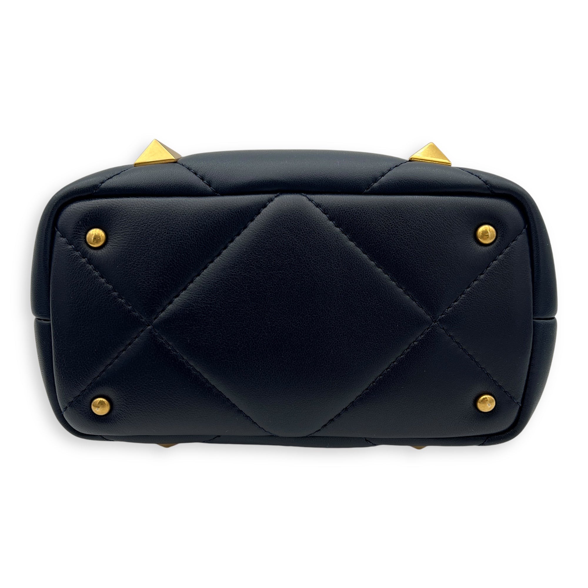 Roman Stud Top Handle Bag Small Navy in Calfskin, Gold hardware