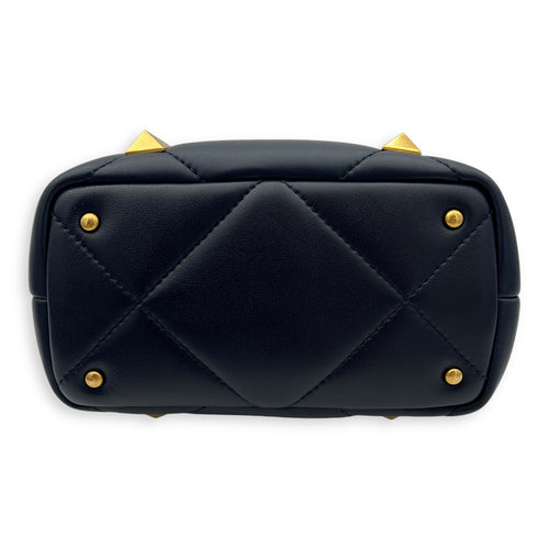 Roman Stud Top Handle Bag Small Navy in Calfskin, Gold hardware