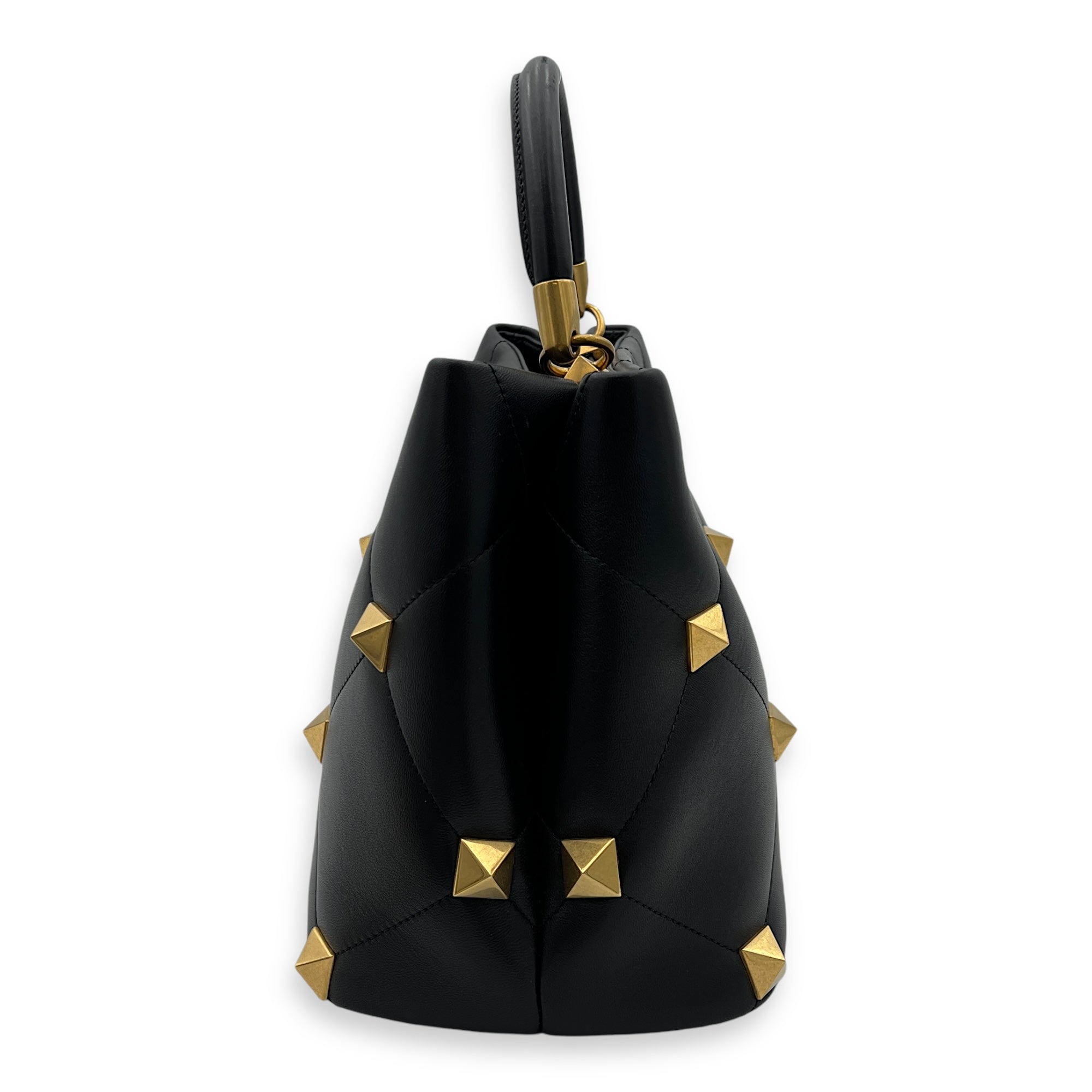 Roman Stud Top Handle Bag Medium Black in Calfskin, Gold hardware