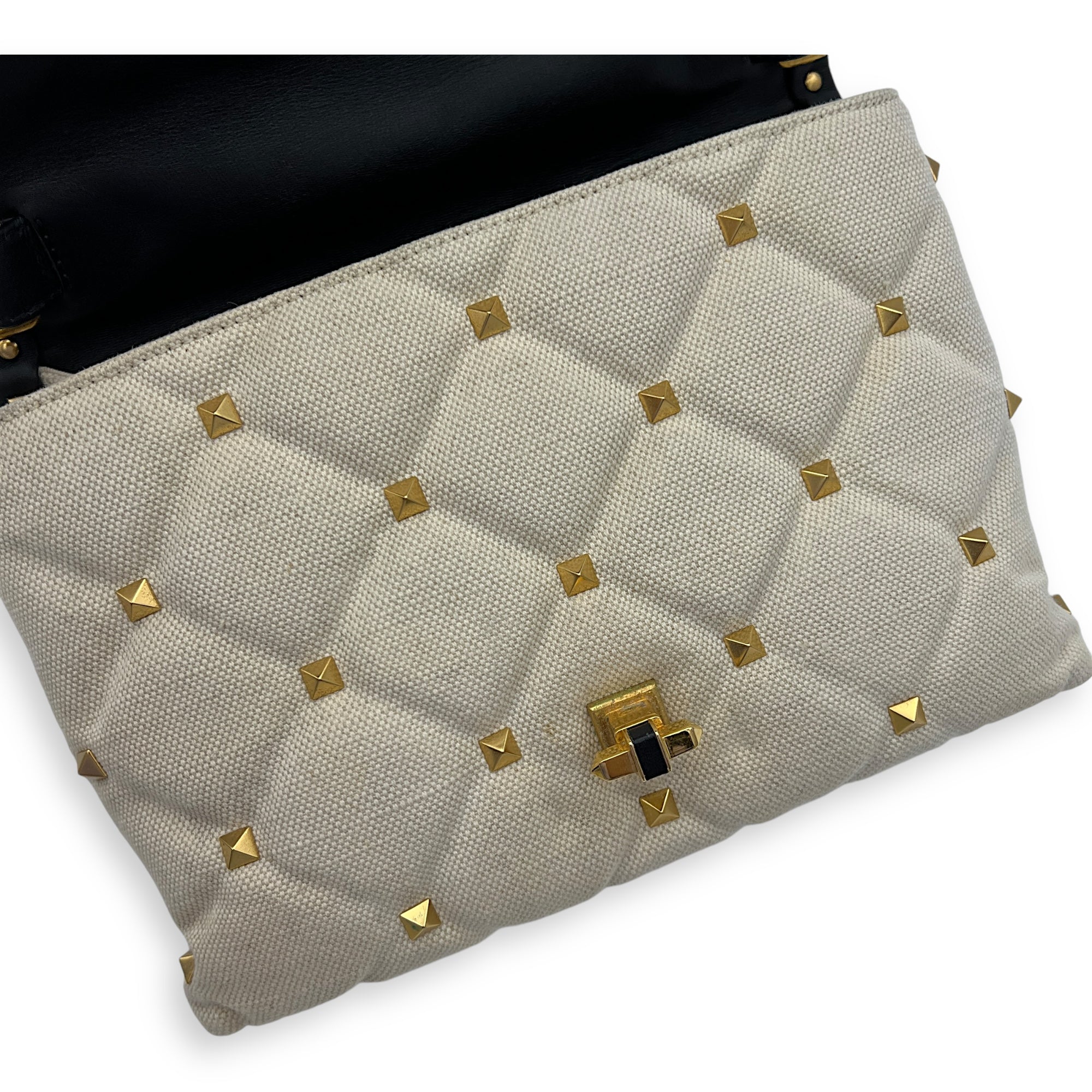 Rockstud White Top Handle Bag in Canvas, Gold hardware