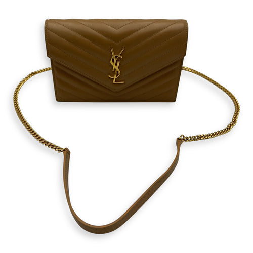 Saint Laurent Cassandre Wallet On Chain Beige in Calfskin, Gold hardware_15