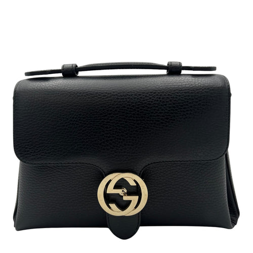 Gucci Interlocking G Top Handle Bag Black in Calfskin, Gold hardware_1