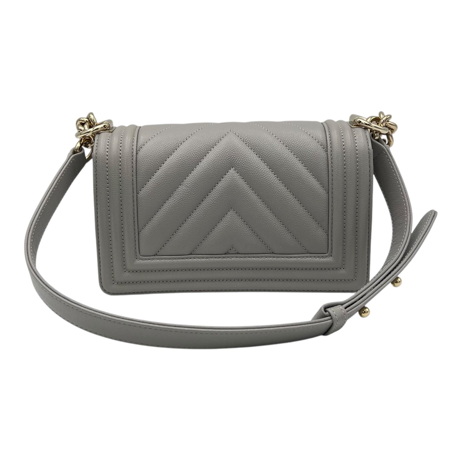 Chanel Chevron Quilted Boy Small Grey Shoulder Bag in Caviar Leather, Gold hardware_2