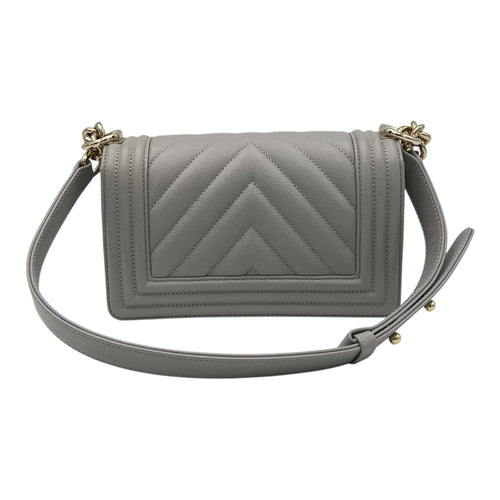 Chanel Chevron Quilted Boy Small Grey Shoulder Bag in Caviar Leather, Gold hardware_2