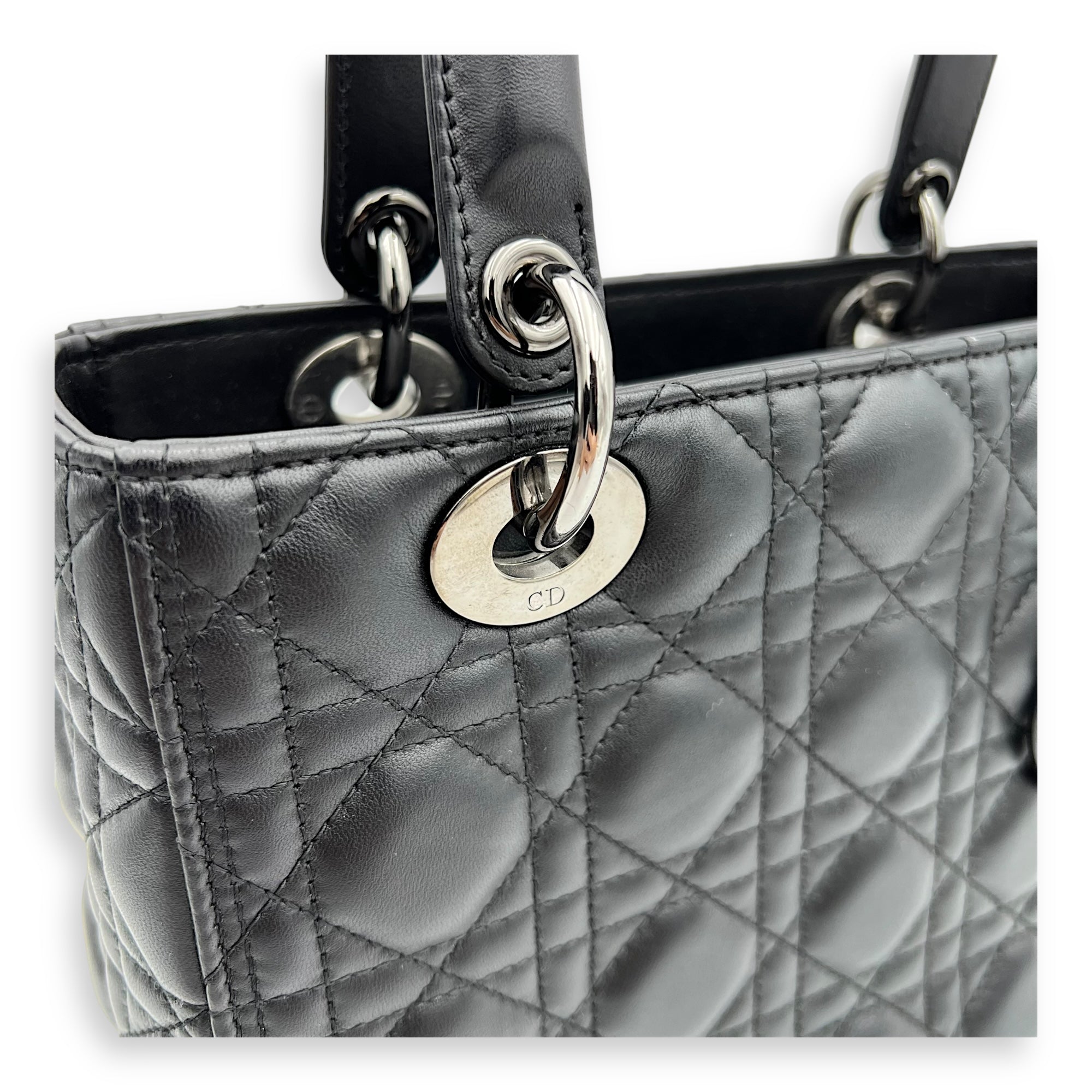 Christian Dior Lady Dior Medium Black Top Handle Bag in Calfskin, Gunmetal hardware_7