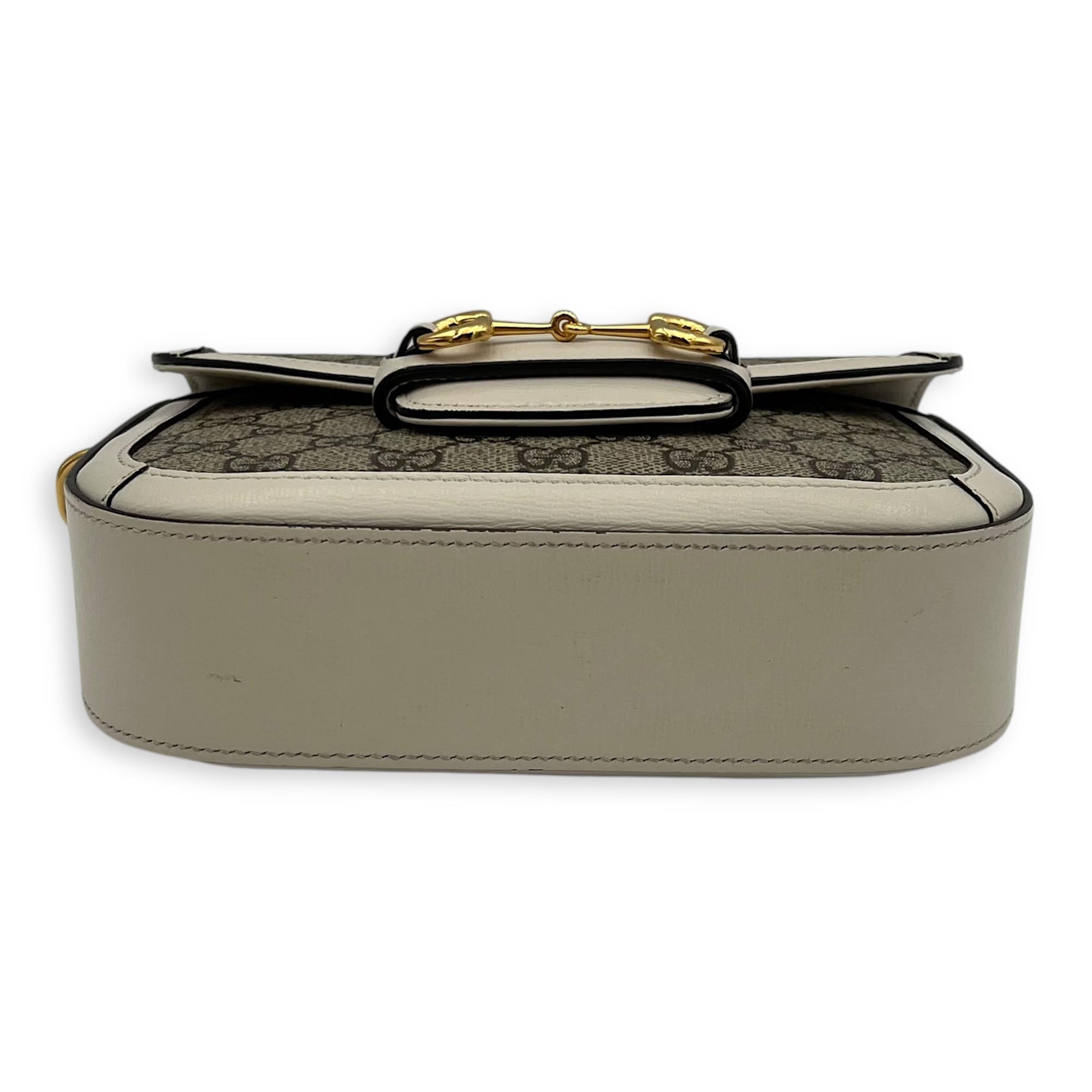 Gucci Horsebit 1955 Mini White Crossbody Bag in Coated Canvas, Gold hardware_5