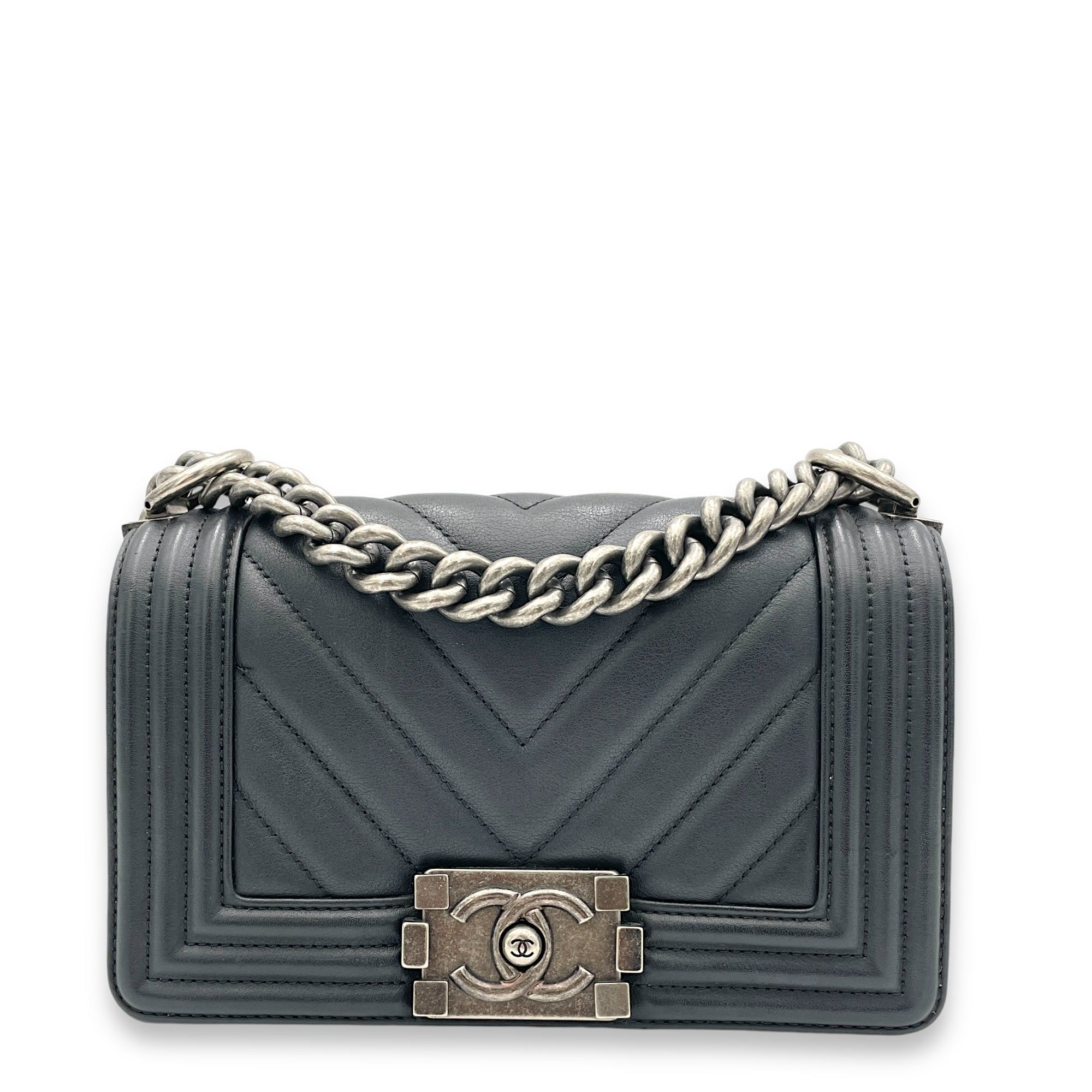 Boy Shoulder Bag Small Black in Calfskin, Ruthenium hardware