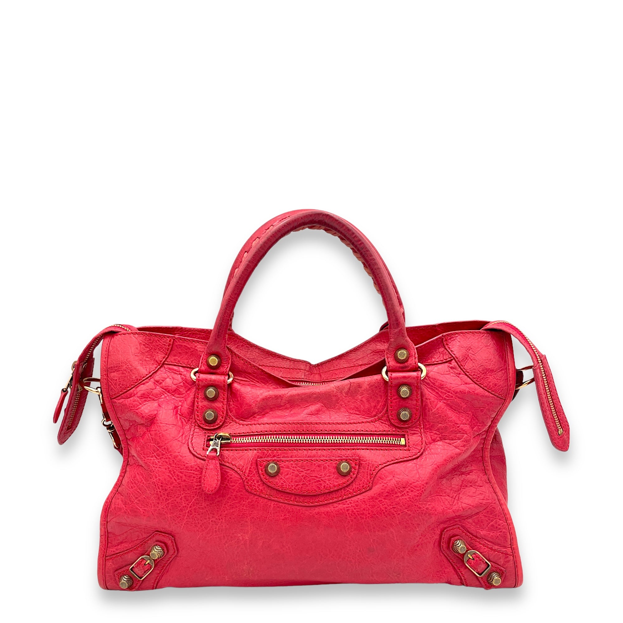 City Top Handle Bag Medium Pink in Distressed Leather, Gold hardware