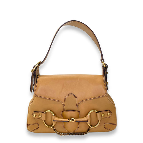 Horsebit Brown Shoulder Bag in Calfskin, Gold hardware