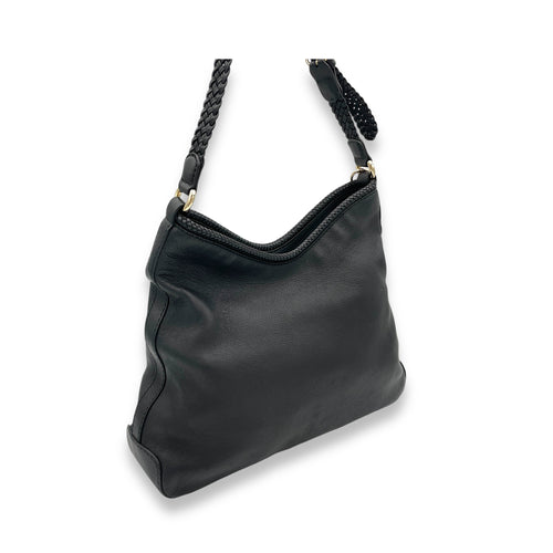 Hobo Top Handle Bag Black in Calfskin, Light Gold hardware