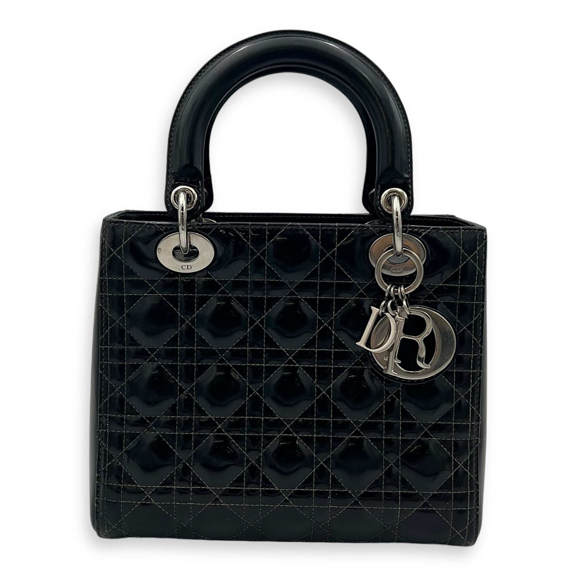 Lady Dior Top Handle Bag Medium Black in Patent Leather, Silver hardware