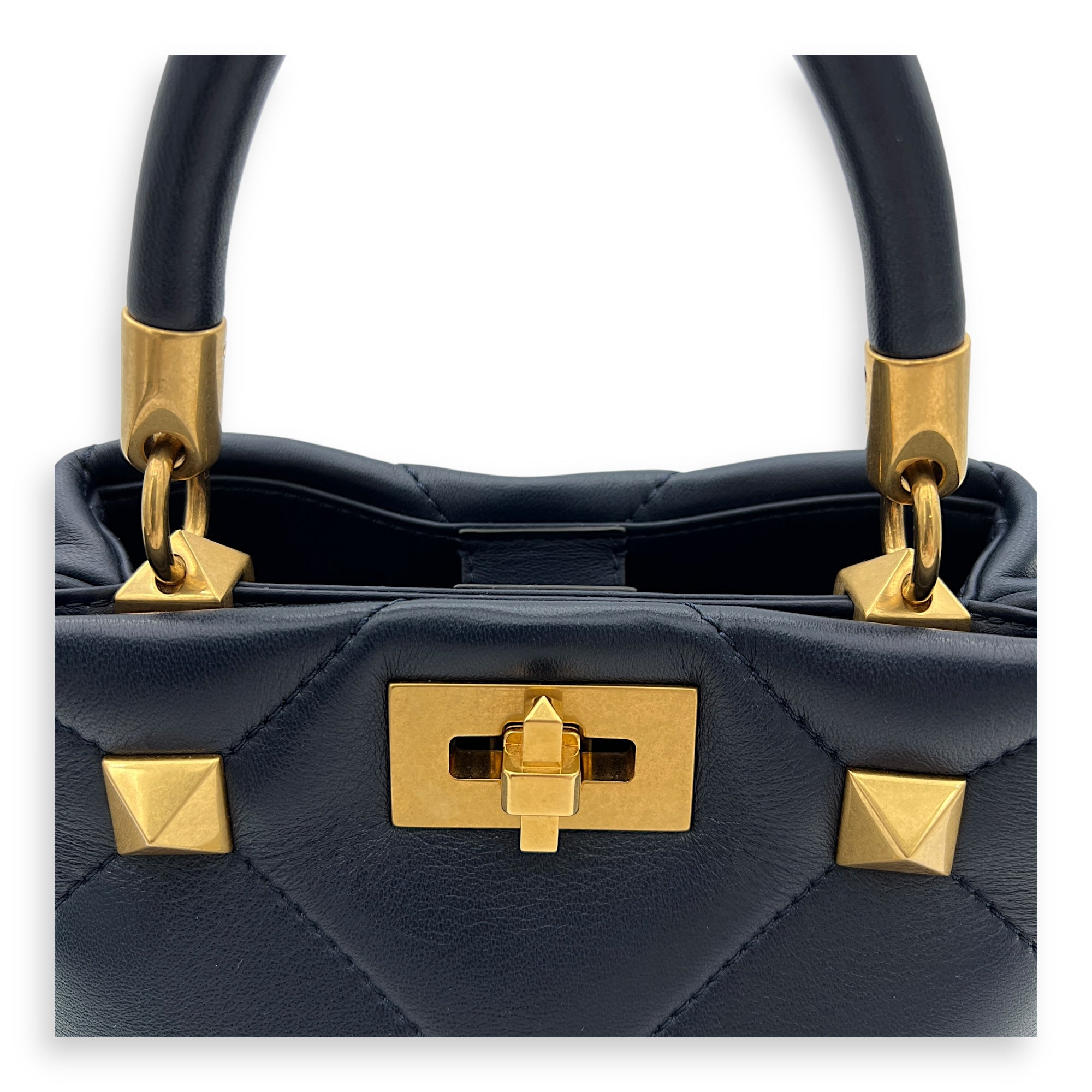 Roman Stud Top Handle Bag Small Navy in Calfskin, Gold hardware