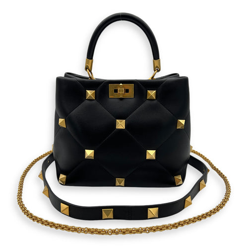 Roman Stud Top Handle Bag Medium Black in Calfskin, Gold hardware