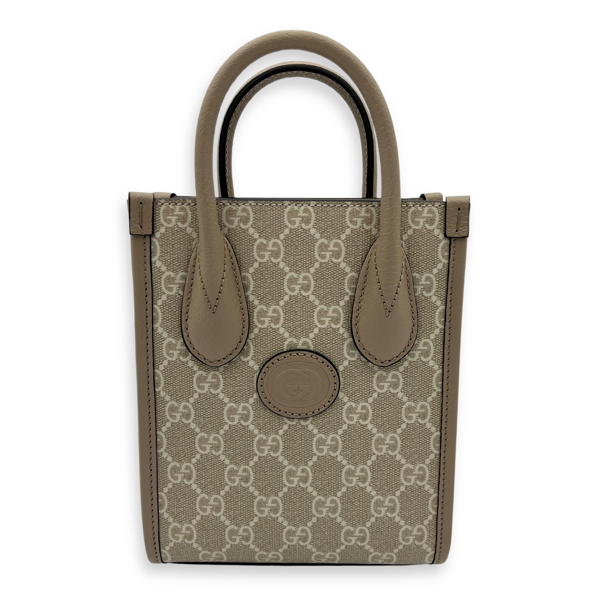 Interlocking G Tote Bag Mini Beige in Coated Canvas, Brushed Gold hardware