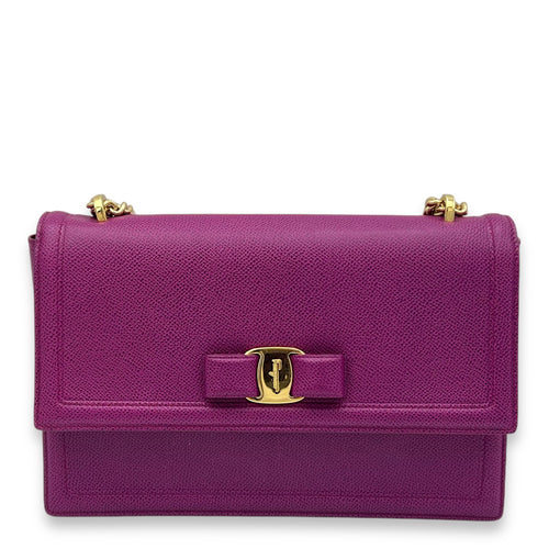 Salvatore Ferragamo Vara Bow Shoulder Bag Purple in Calfskin, Gold hardware_1