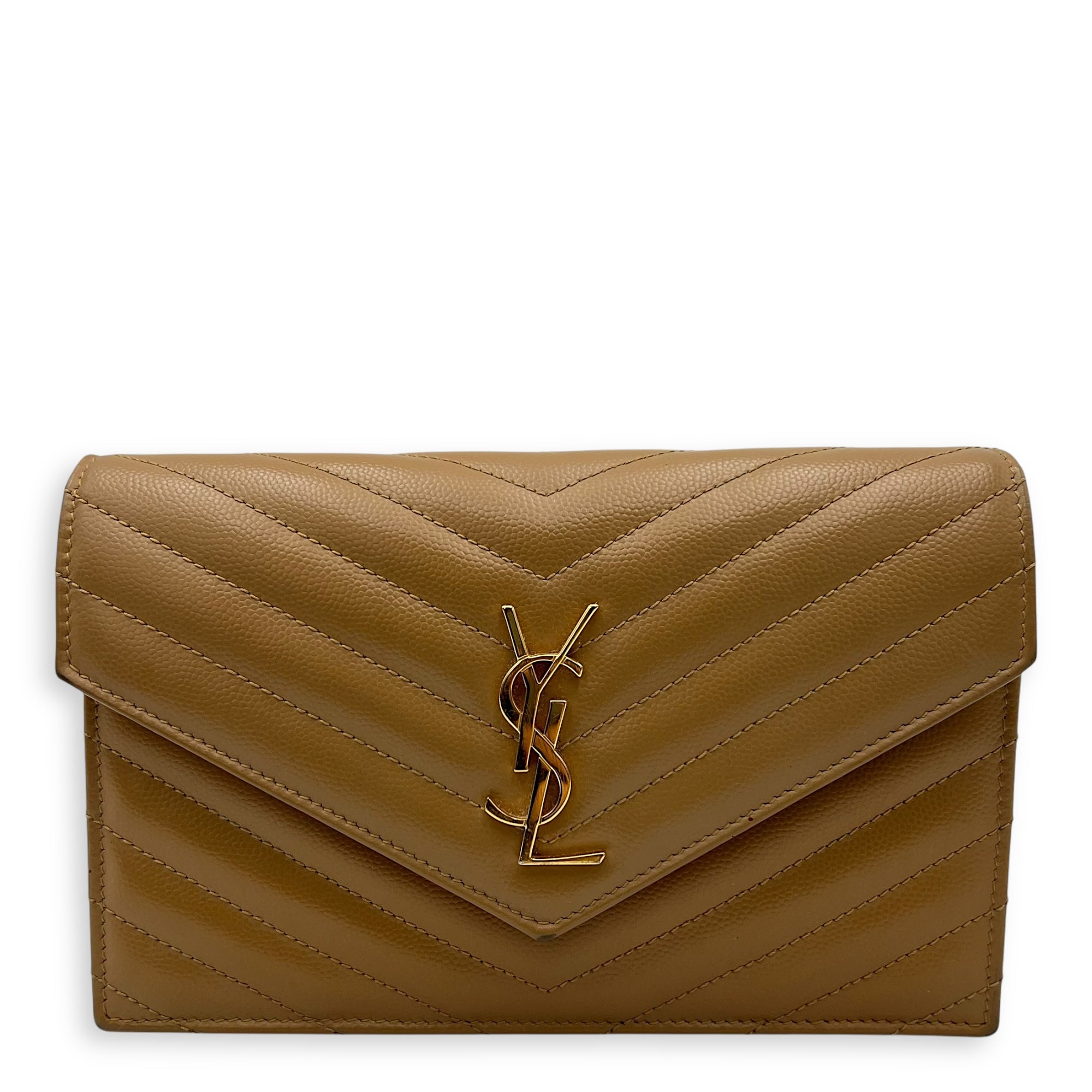 Saint Laurent Cassandre Wallet On Chain Beige in Calfskin, Gold hardware_1