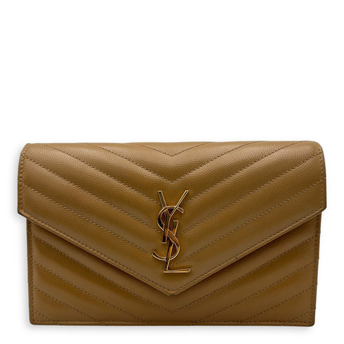 Saint Laurent Cassandre Wallet On Chain Beige in Calfskin, Gold hardware_1