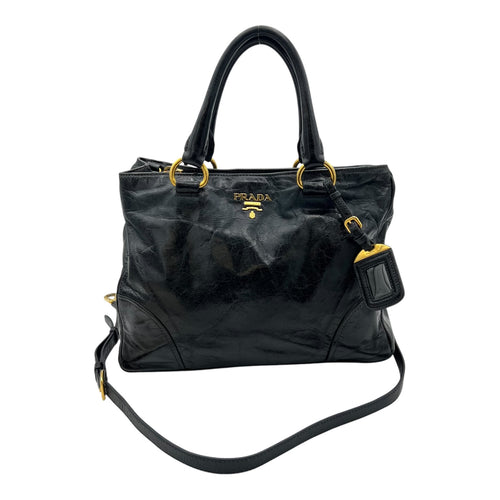 Prada Logo Top Handle Bag Black in Distressed Leather, Gold hardware_13