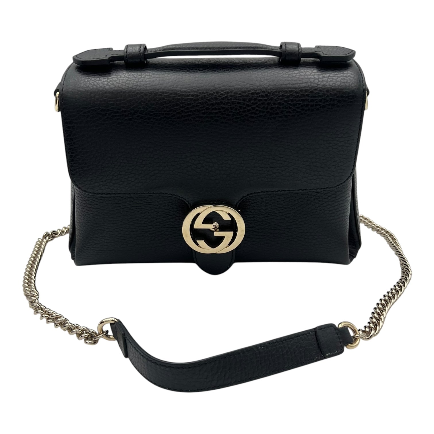 Gucci Interlocking G Top Handle Bag Black in Calfskin, Gold hardware_11