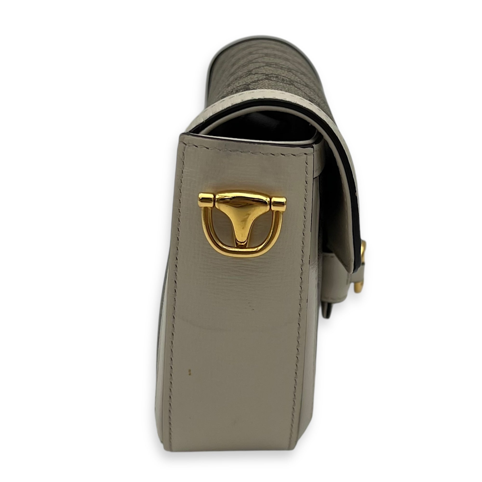 Gucci Horsebit 1955 Mini White Crossbody Bag in Coated Canvas, Gold hardware_4