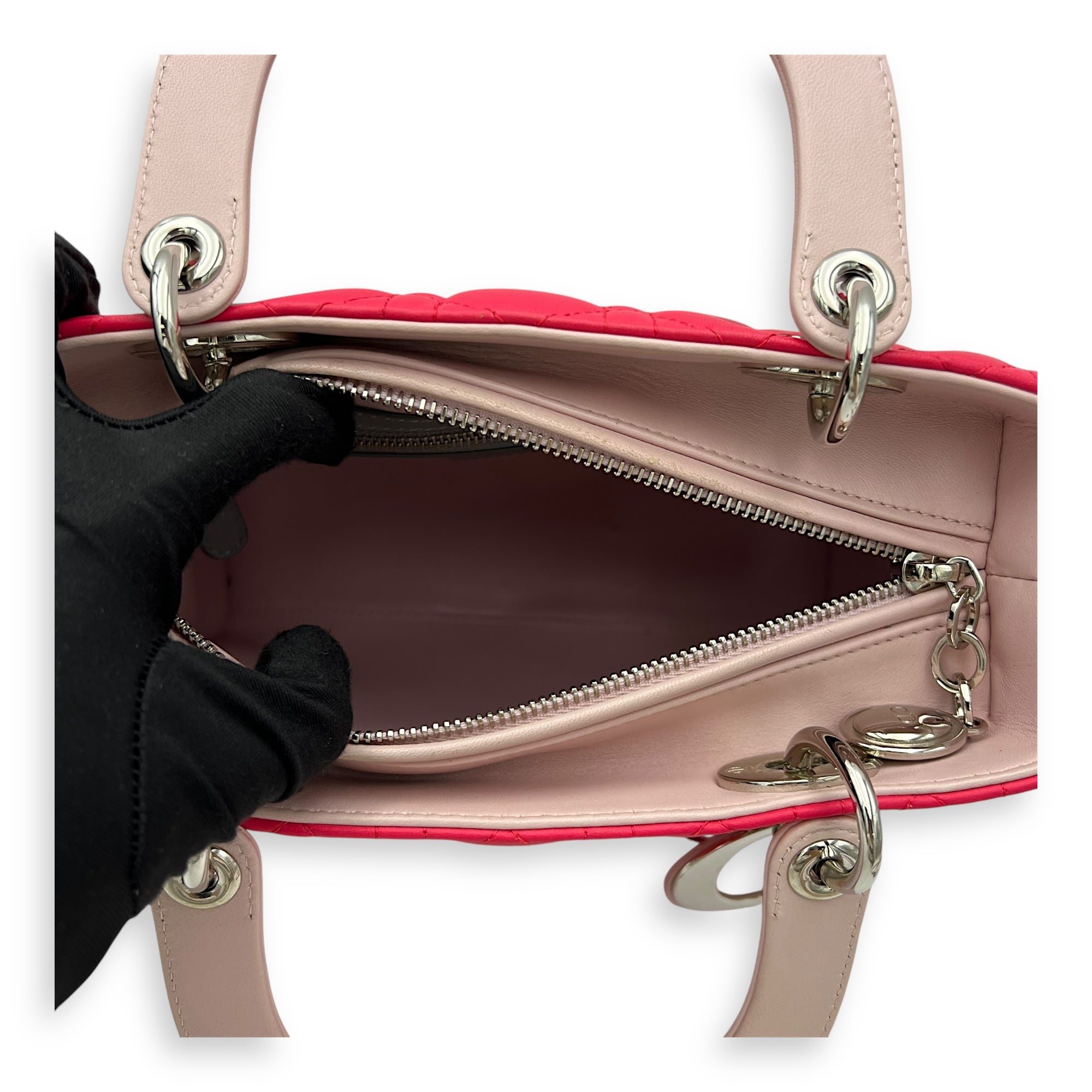 Christian Dior Lady Dior Top Handle Bag Medium Pink in Lambskin, Silver hardware_6