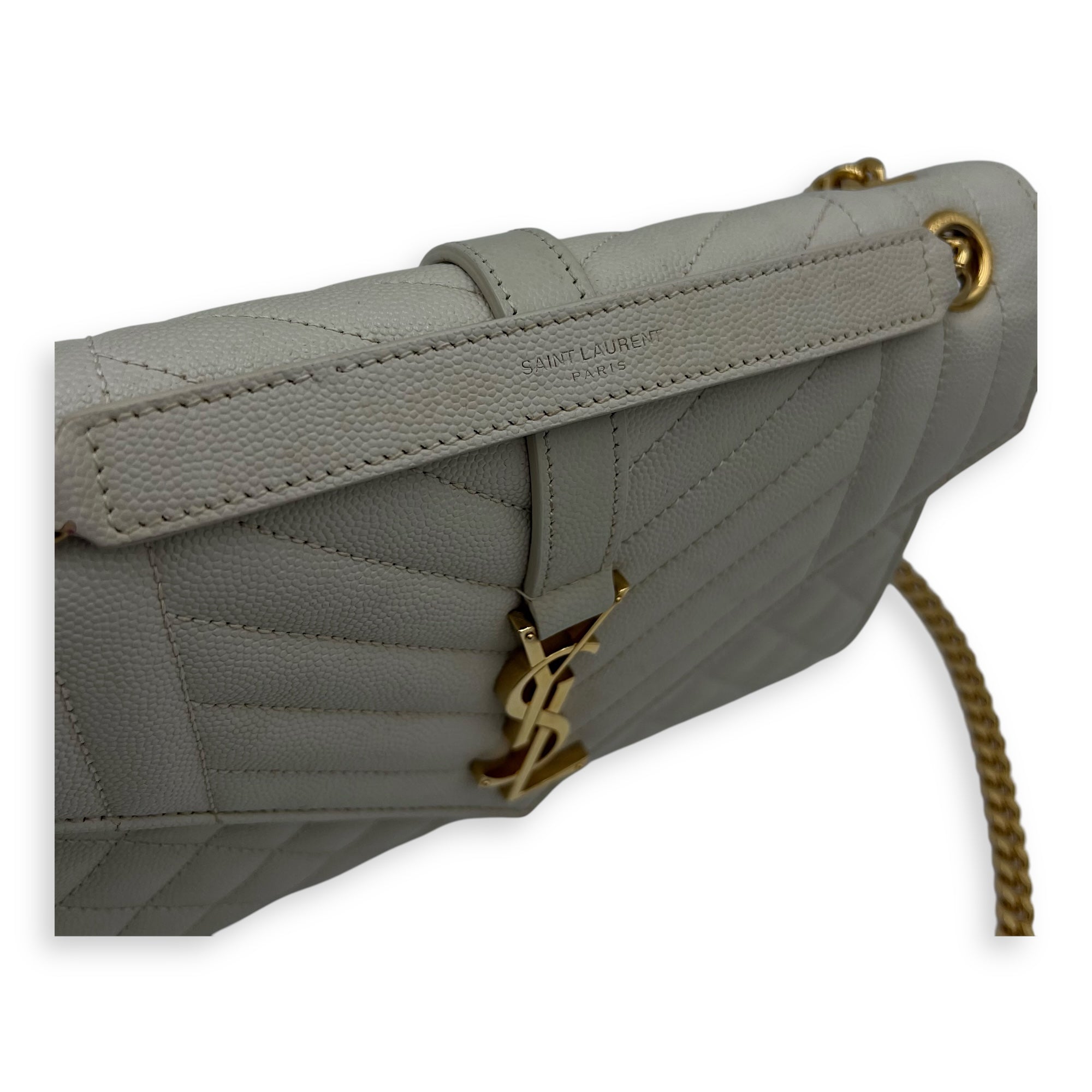 Saint Laurent Envelope Shoulder Bag White in Caviar Leather, Gold hardware_7
