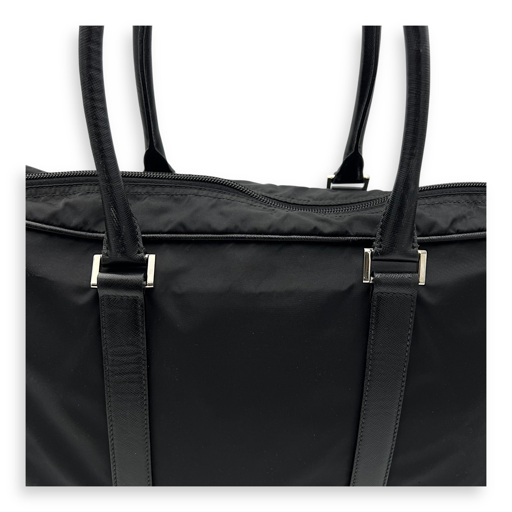 Prada Logo Top Handle Bag Black in Nylon, Silver hardware_8