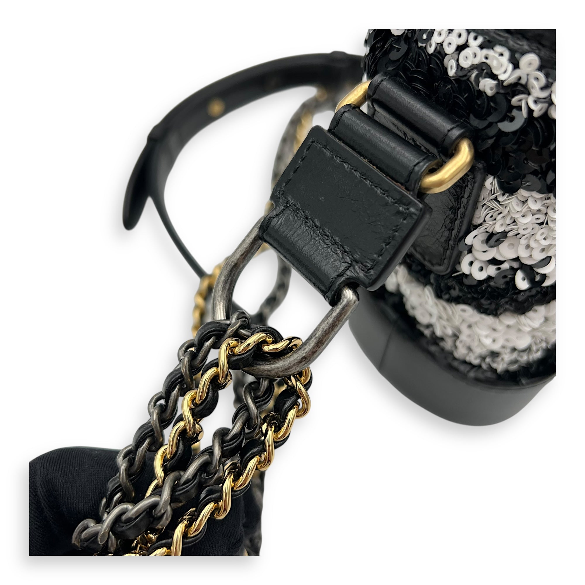 Chanel Gabrielle Small Black - White Shoulder Bag in Sequins, Gold hardware_8