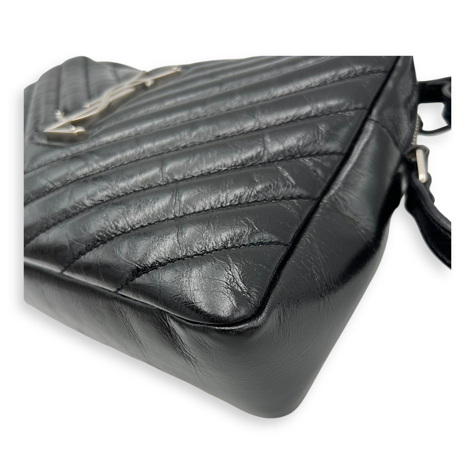 Saint Laurent Lou Camera Black Crossbody Bag in Calfskin, Silver hardware_7