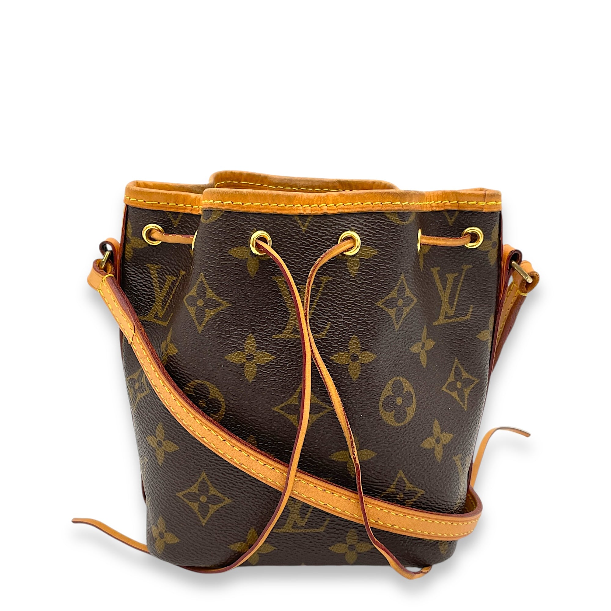 Noe Nano Brown Bucket Bag in Monogram Coated Canvas, Gold hardware